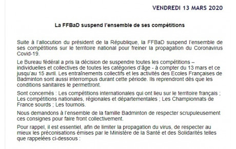 Annulation de toutes les compétitions et entraînements (adultes et jeunes) jusqu'au 15 avril.